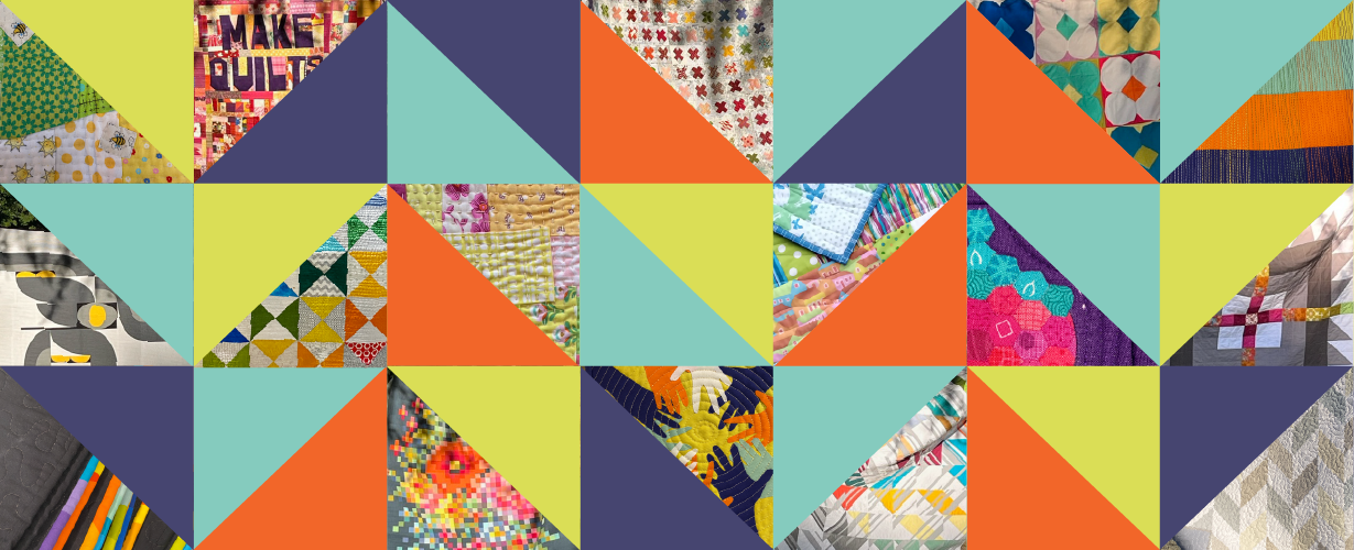 grid of triangle shapes filled with quilt images and solid colours